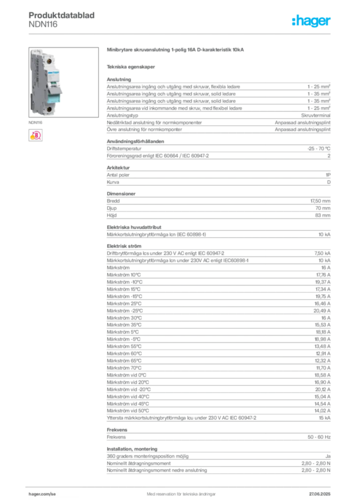 Bild Hager Produktdatablad NDN116 | Hager Sverige