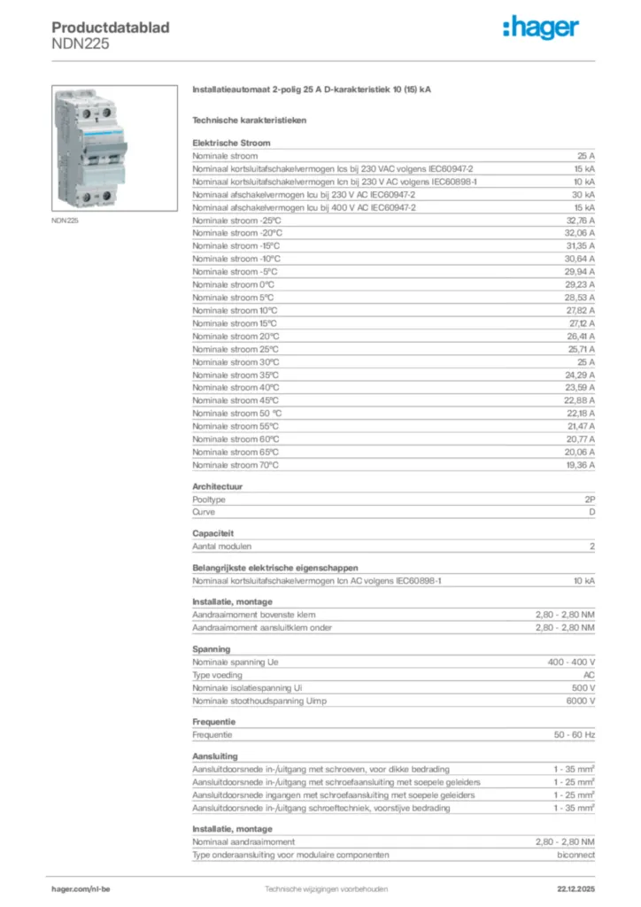 Afbeelding Hager Productdatablad NDN225 | Hager Belgium