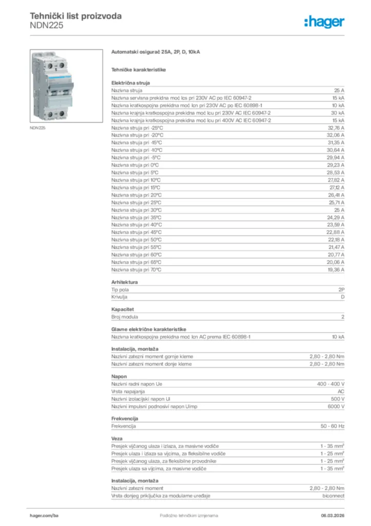 Slika Hager Tehnički list proizvoda NDN225  | Hager