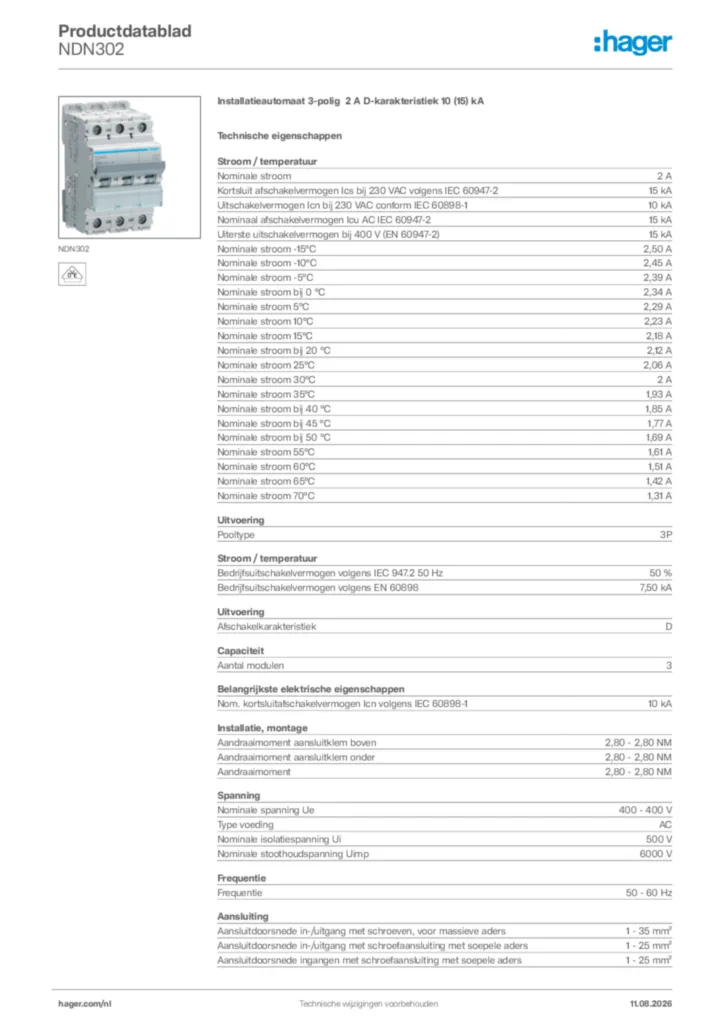 Afbeelding Hager Productdatablad NDN302 | Hager Nederland