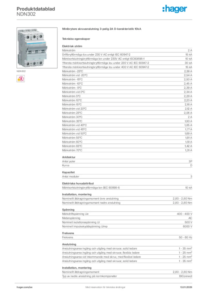 Bild Hager Produktdatablad NDN302 | Hager Sverige
