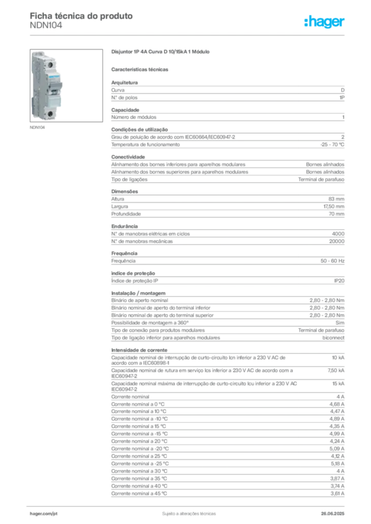 Imagem Hager Ficha técnica do produto NDN104 | Hager Portugal