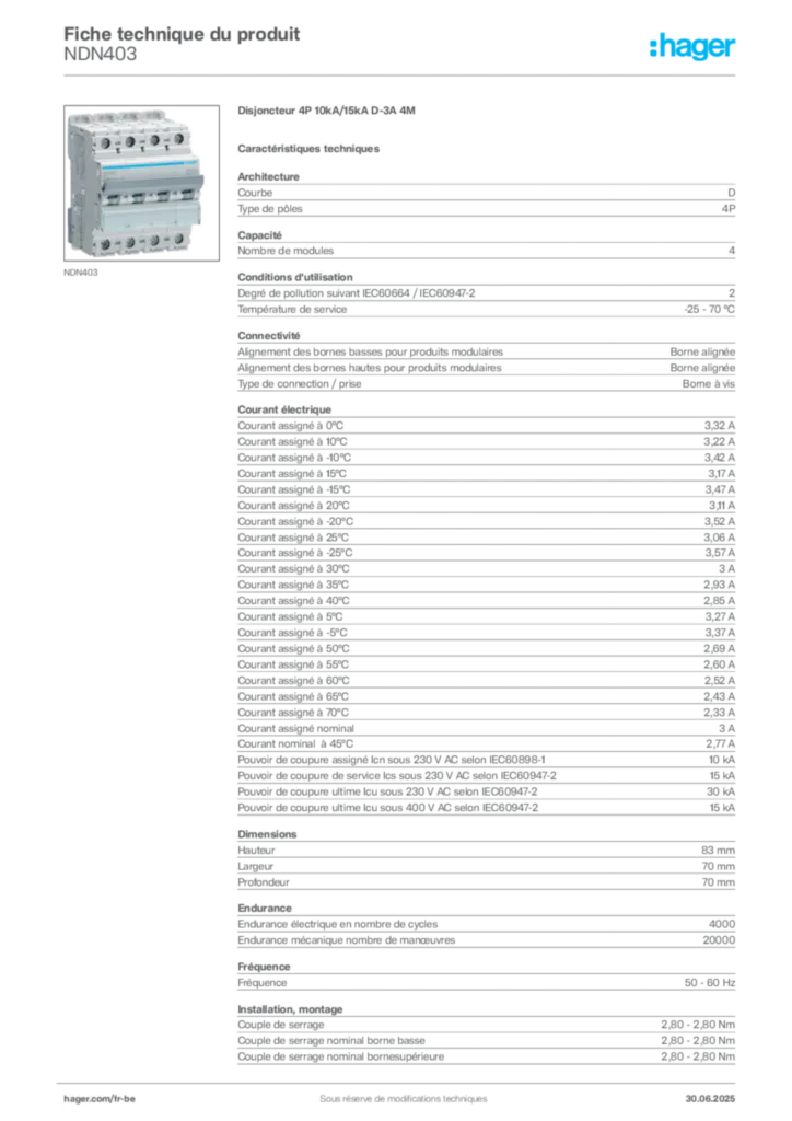 Image Hager Fiche technique du produit NDN403 | Hager Belgique