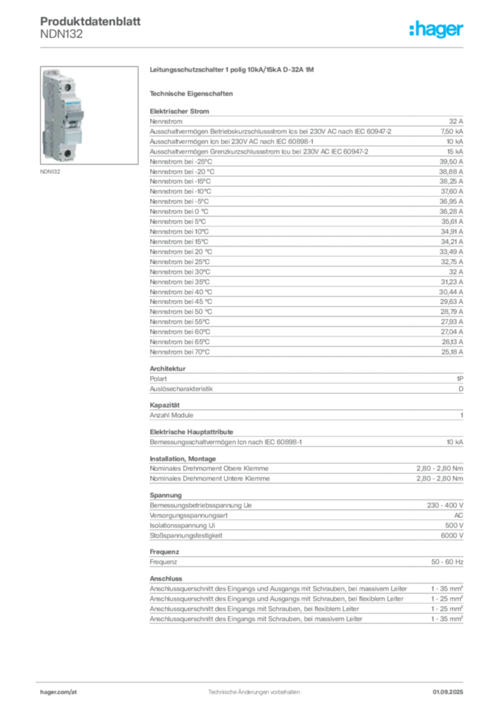 Bild Hager Produktdatenblatt NDN132 | Hager Deutschland