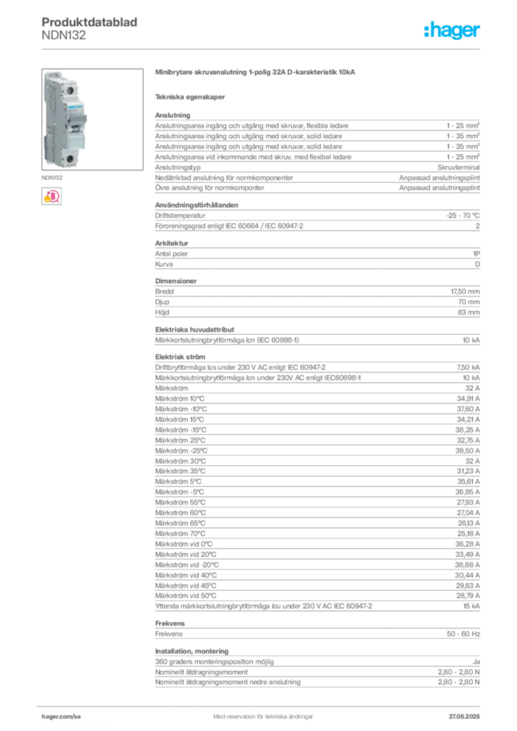 Bild Hager Produktdatablad NDN132 | Hager Sverige