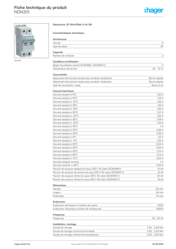 Image Hager Fiche technique du produit NDN201 | Hager Belgique
