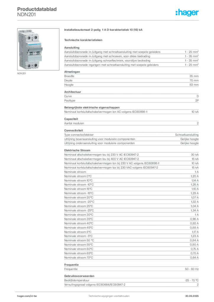 Afbeelding Hager Productdatablad NDN201 | Hager Belgium