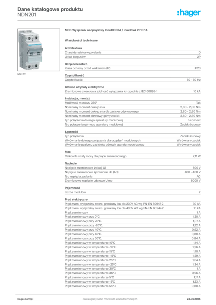 Zdjęcie Hager Dane katalogowe produktu NDN201 | Hager Polska