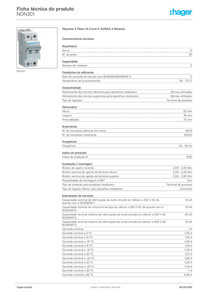 Imagem Hager Ficha técnica do produto NDN201 | Hager Portugal