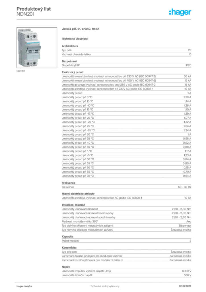 Obrázek Hager Product data sheet NDN201 | Hager