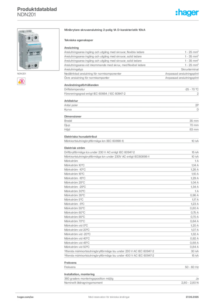 Bild Hager Produktdatablad NDN201 | Hager Sverige