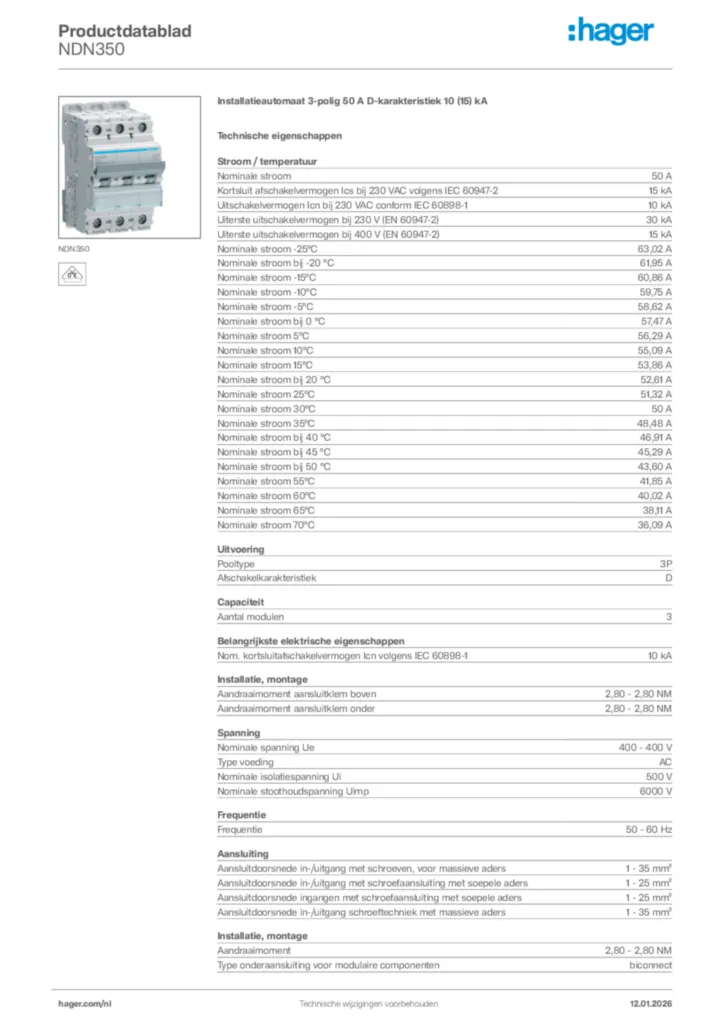 Afbeelding Hager Productdatablad NDN350 | Hager Nederland