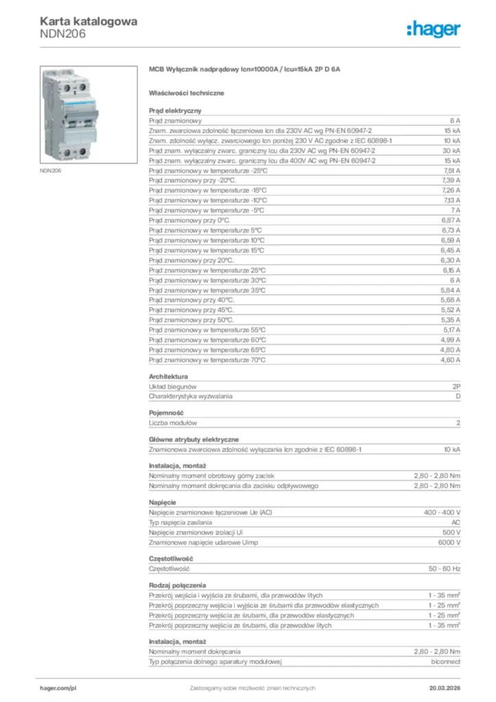Zdjęcie Hager Karta katalogowa NDN206 | Hager Polska
