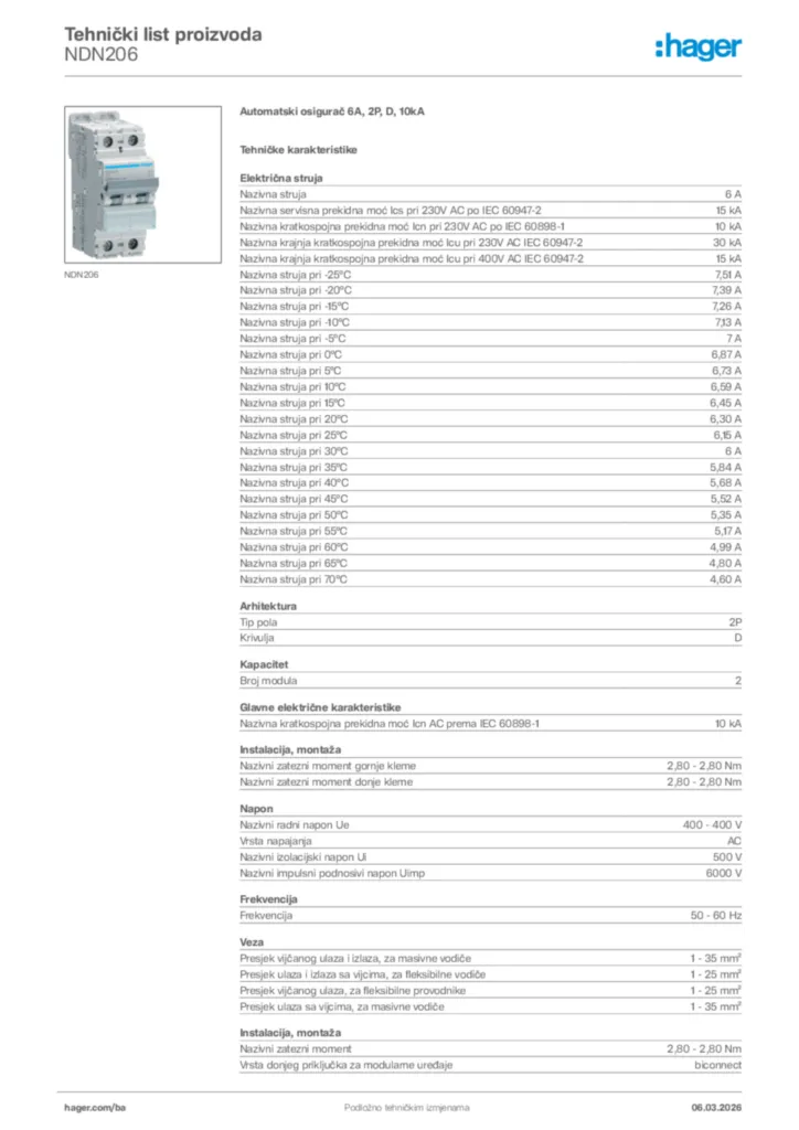 Slika Hager Tehnički list proizvoda NDN206  | Hager