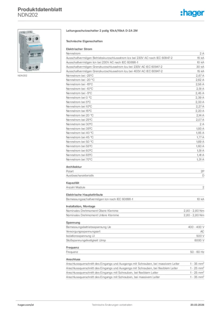 Bild Hager Produktdatenblatt NDN202 | Hager Deutschland