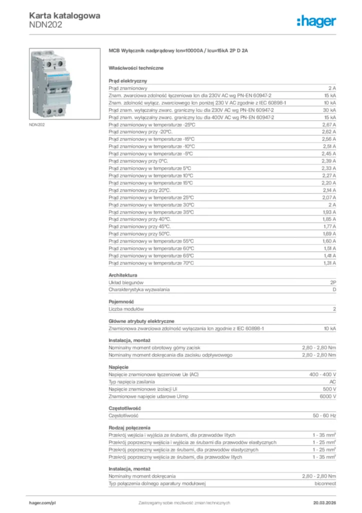Zdjęcie Hager Karta katalogowa NDN202 | Hager Polska