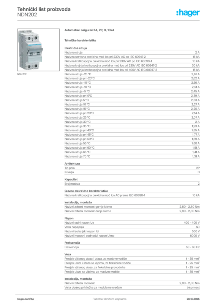Slika Hager Product data sheet NDN202  | Hager