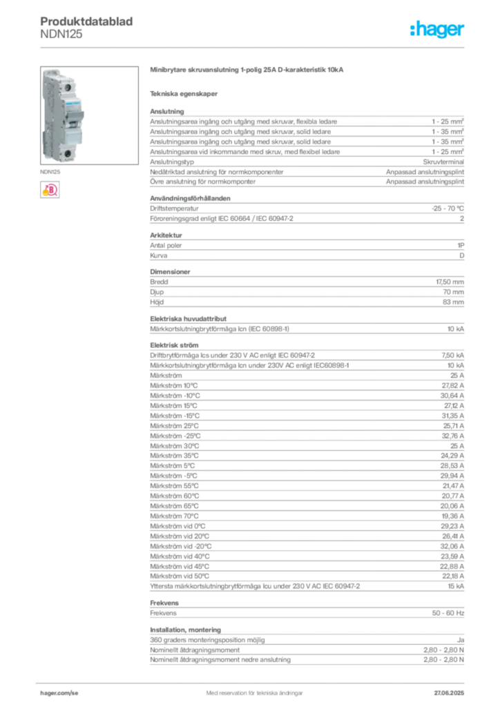 Bild Hager Produktdatablad NDN125 | Hager Sverige