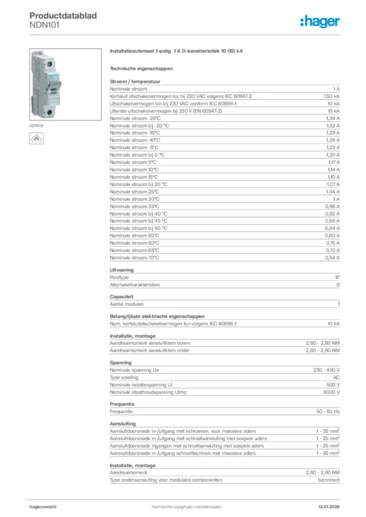 Afbeelding Hager Productdatablad NDN101 | Hager Nederland