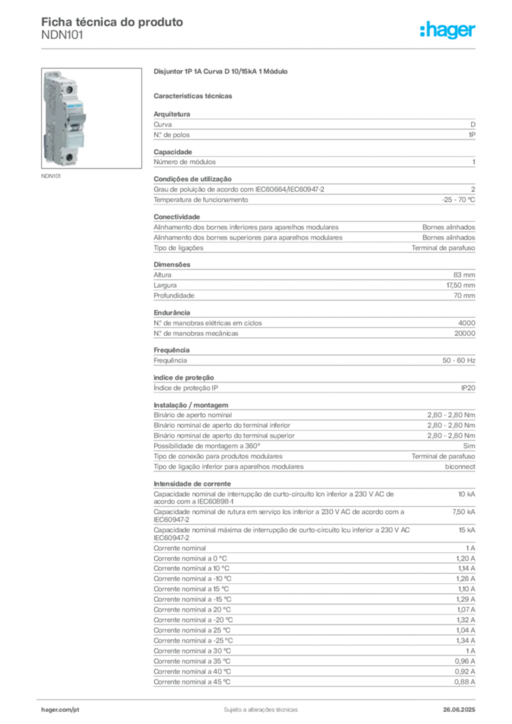 Imagem Hager Ficha técnica do produto NDN101 | Hager Portugal