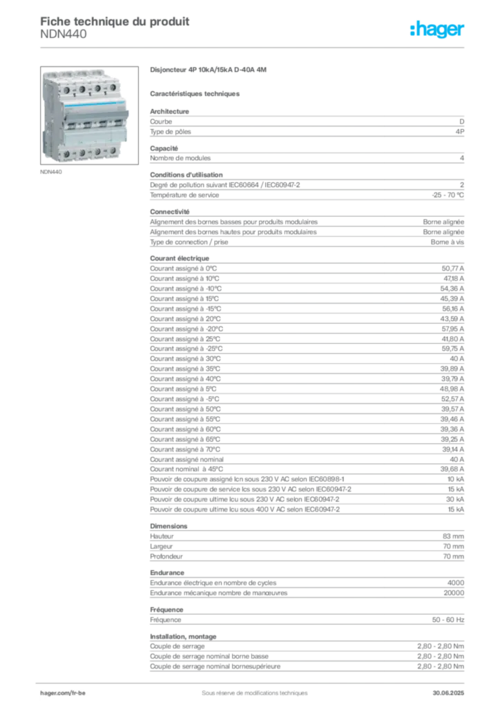 Image Hager Fiche technique du produit NDN440 | Hager Belgique