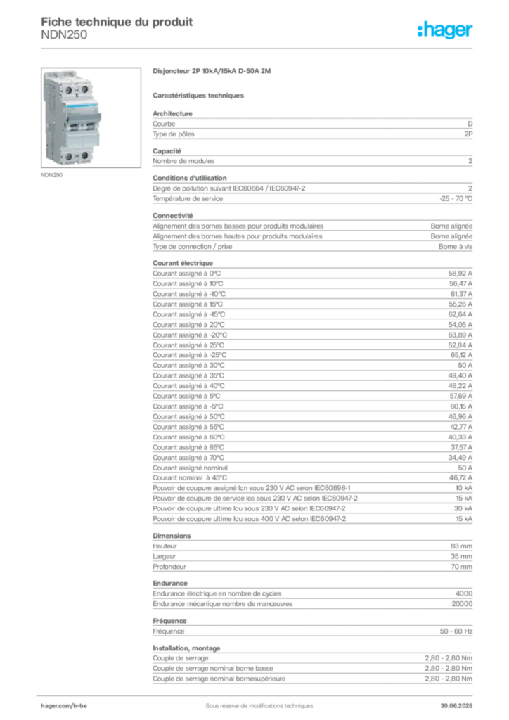 Image Hager Fiche technique du produit NDN250 | Hager Belgique