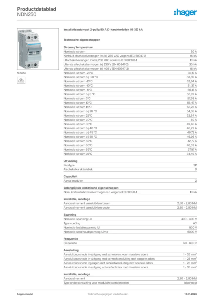 Afbeelding Hager Productdatablad NDN250 | Hager Nederland