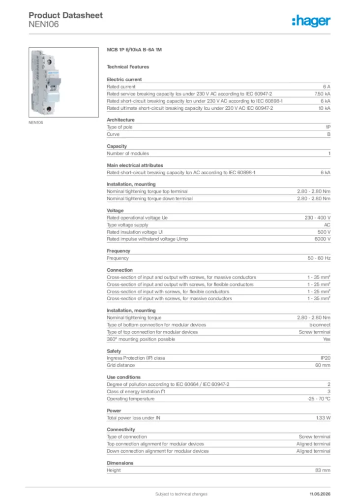 Image Hager Product data sheet NEN106  | Hager Africa