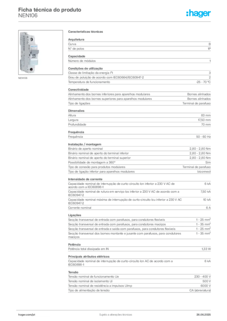 Imagem Hager Ficha técnica do produto NEN106 | Hager Portugal