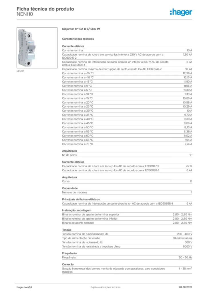 Imagem Hager Ficha técnica do produto NEN110 | Hager Portugal