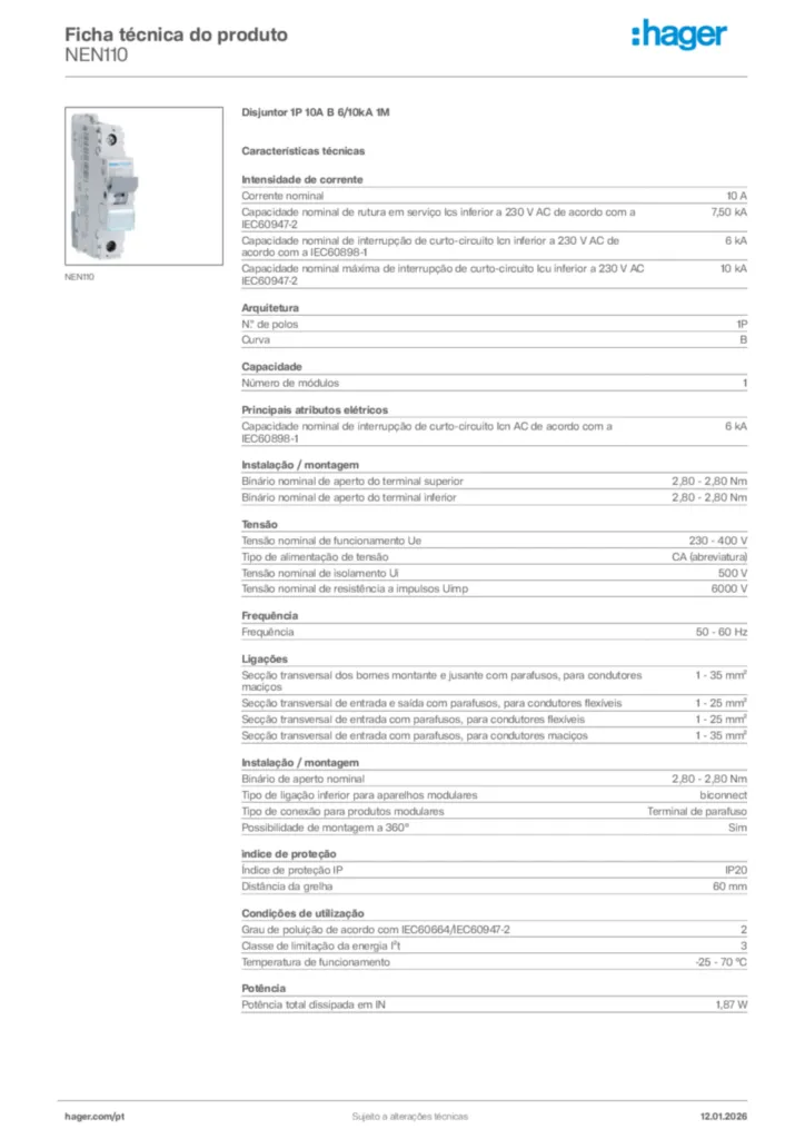 Imagem Hager Ficha técnica do produto NEN110 | Hager Portugal