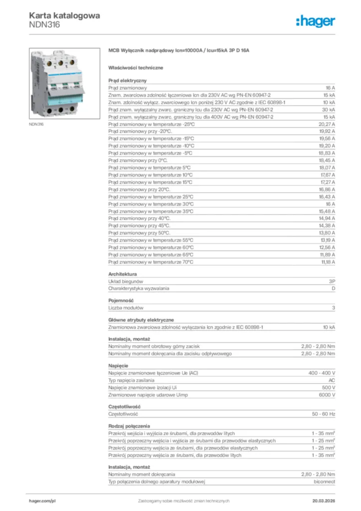 Zdjęcie Hager Karta katalogowa NDN316 | Hager Polska