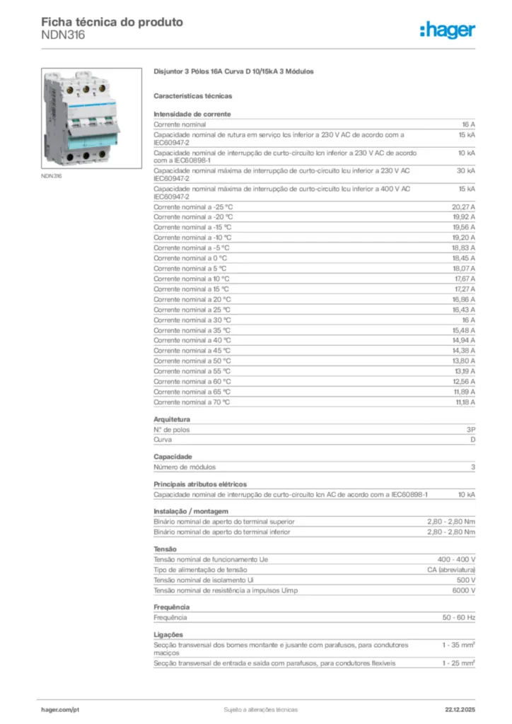Imagem Hager Ficha técnica do produto NDN316 | Hager Portugal