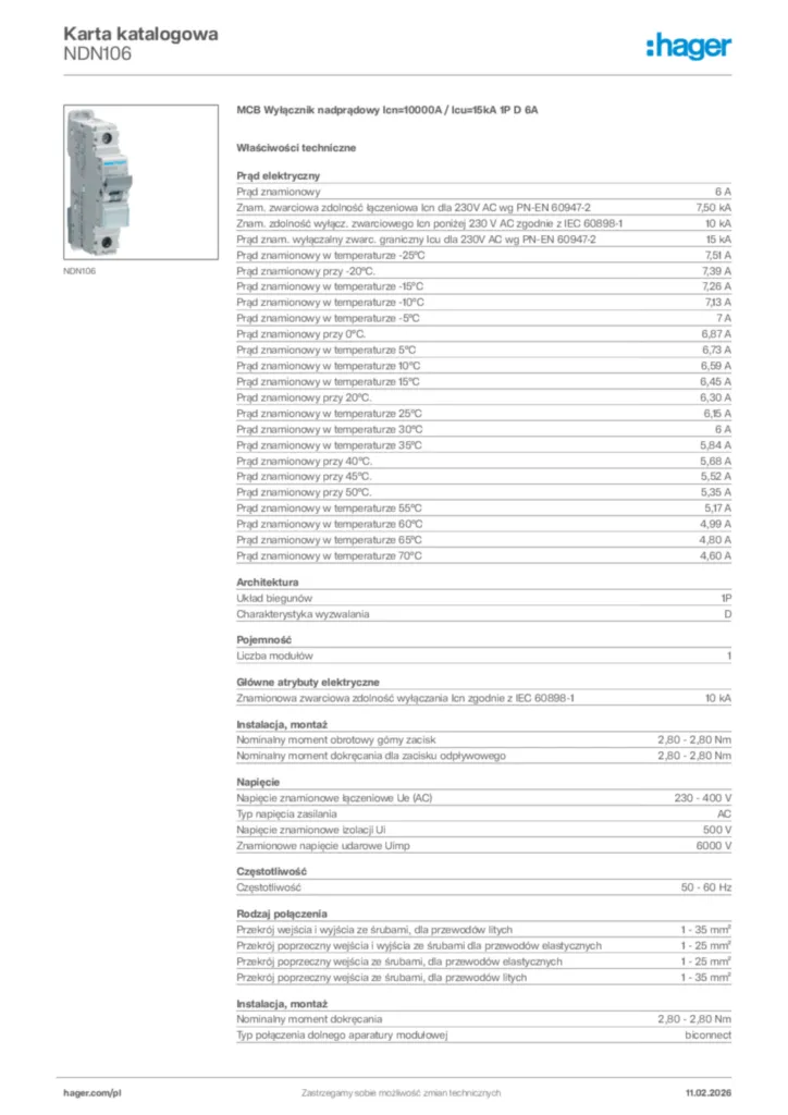 Zdjęcie Hager Karta katalogowa NDN106 | Hager Polska