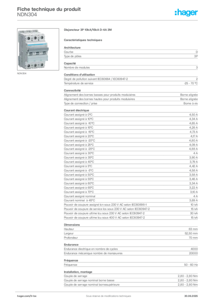 Image Hager Fiche technique du produit NDN304 | Hager Belgique