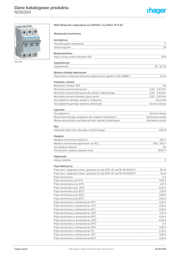 Zdjęcie Hager Dane katalogowe produktu NDN304 | Hager Polska