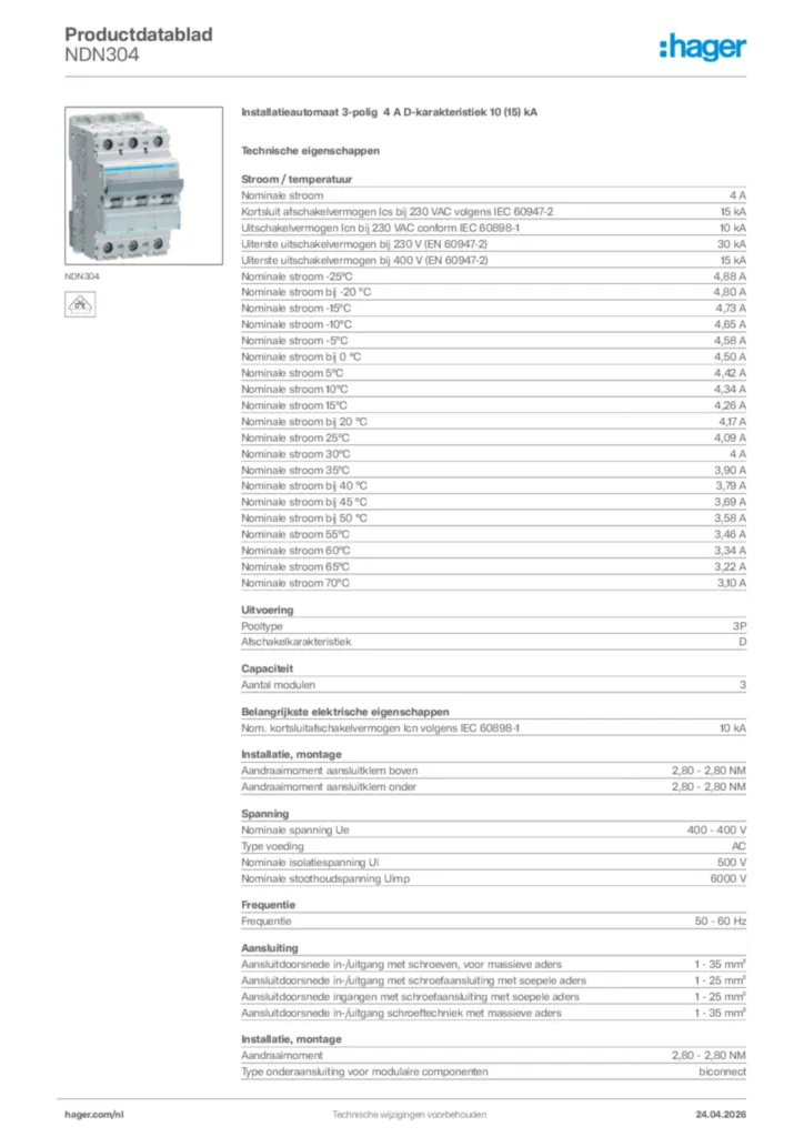 Afbeelding Hager Productdatablad NDN304 | Hager Nederland