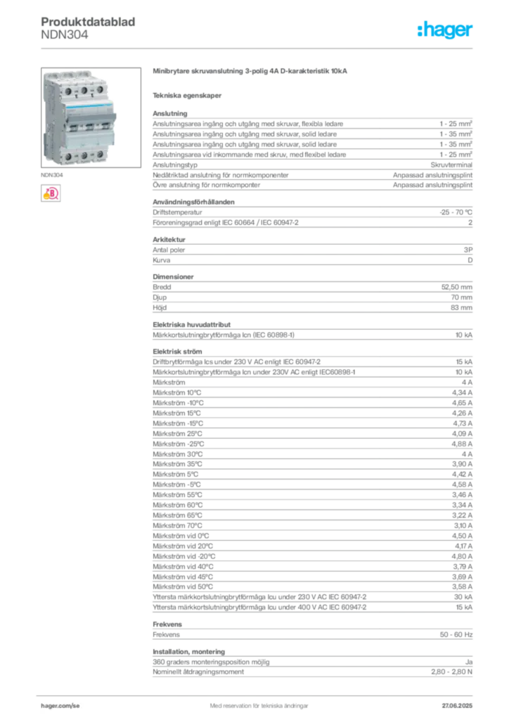 Bild Hager Produktdatablad NDN304 | Hager Sverige