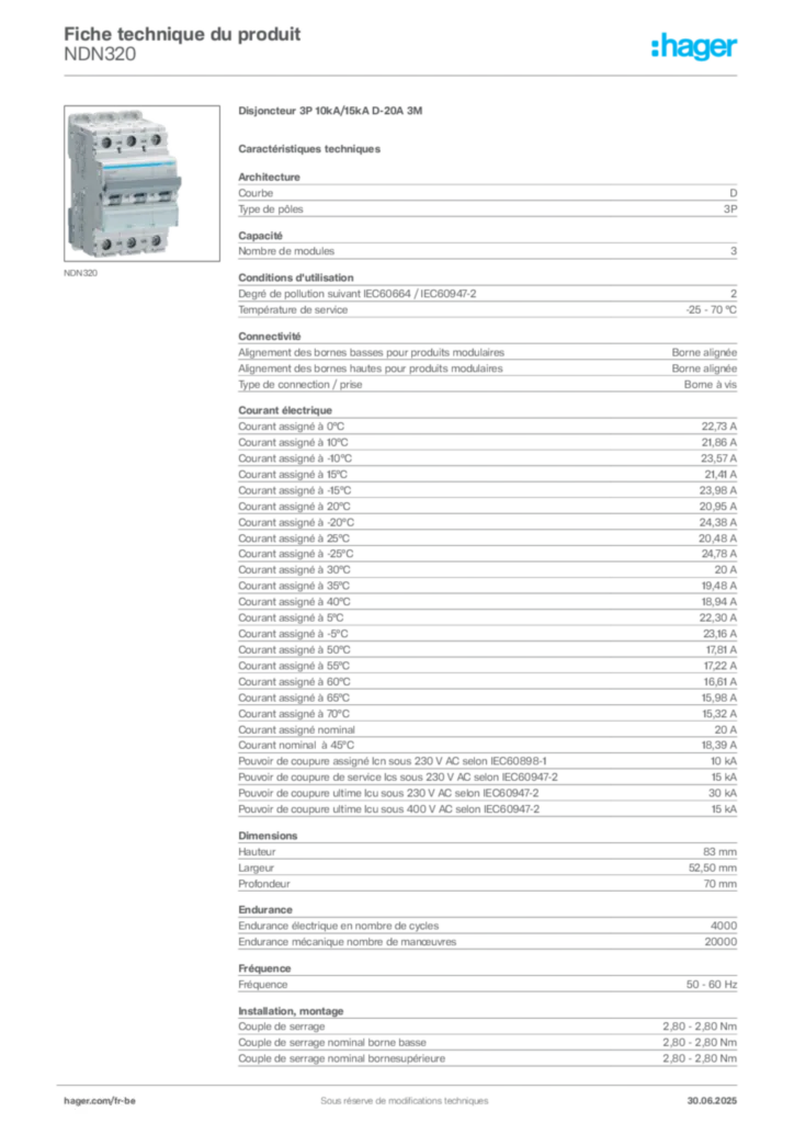 Image Hager Fiche technique du produit NDN320 | Hager Belgique