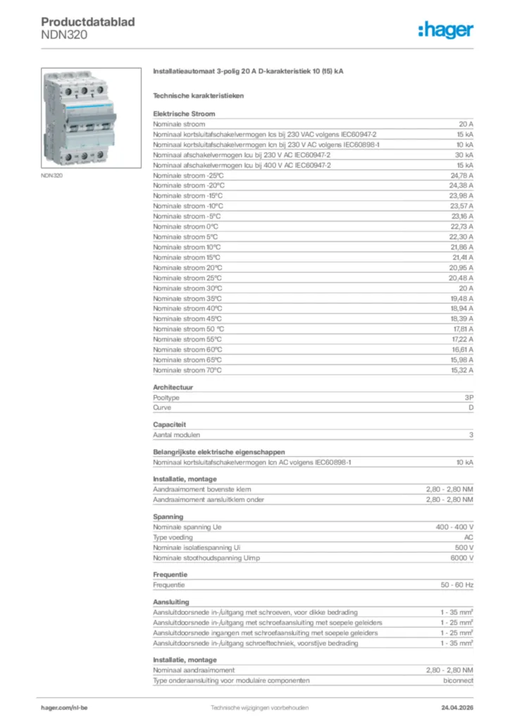 Afbeelding Hager Productdatablad NDN320 | Hager Belgium