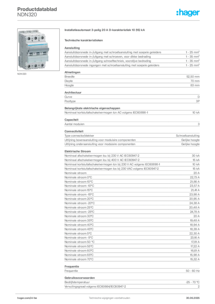 Afbeelding Hager Productdatablad NDN320 | Hager Belgium