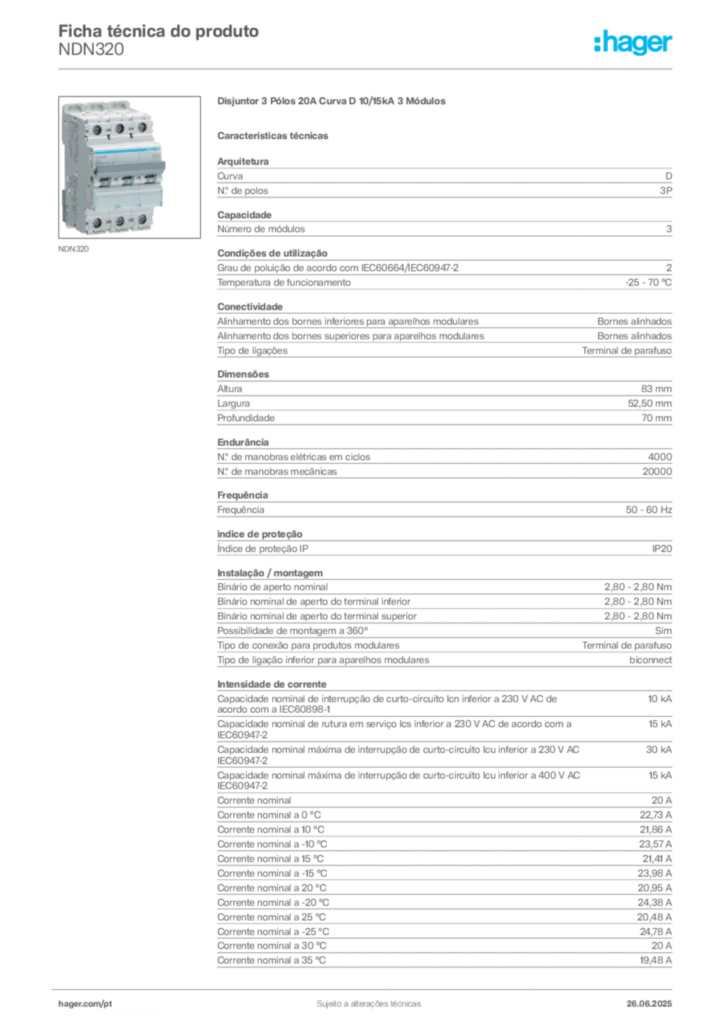 Imagem Hager Ficha técnica do produto NDN320 | Hager Portugal