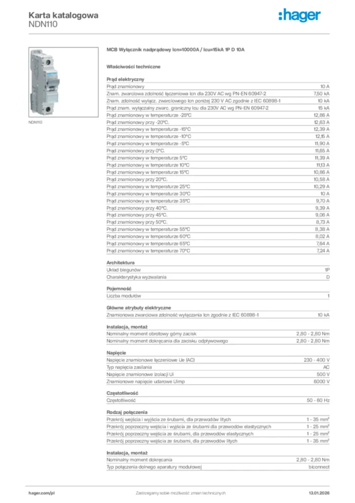Zdjęcie Hager Karta katalogowa NDN110 | Hager Polska