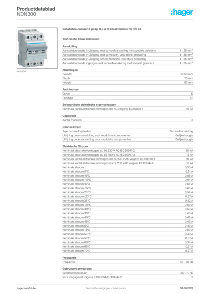 Afbeelding Hager Productdatablad NDN300 | Hager Belgium