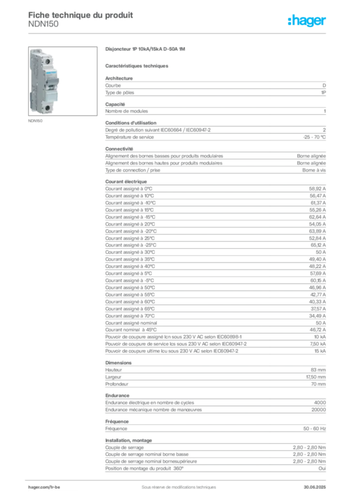 Image Hager Fiche technique du produit NDN150 | Hager Belgique