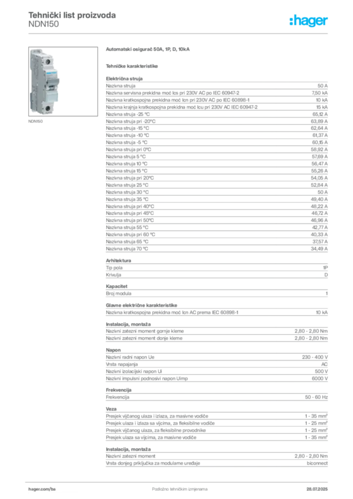 Slika Hager Product data sheet NDN150  | Hager