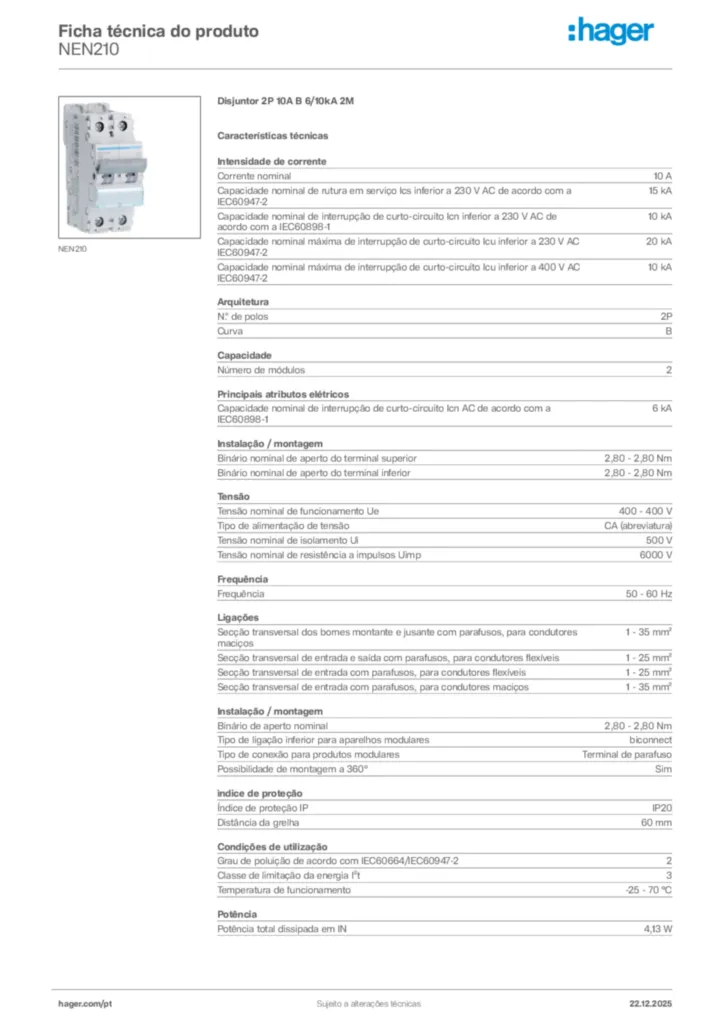 Imagem Hager Ficha técnica do produto NEN210 | Hager Portugal