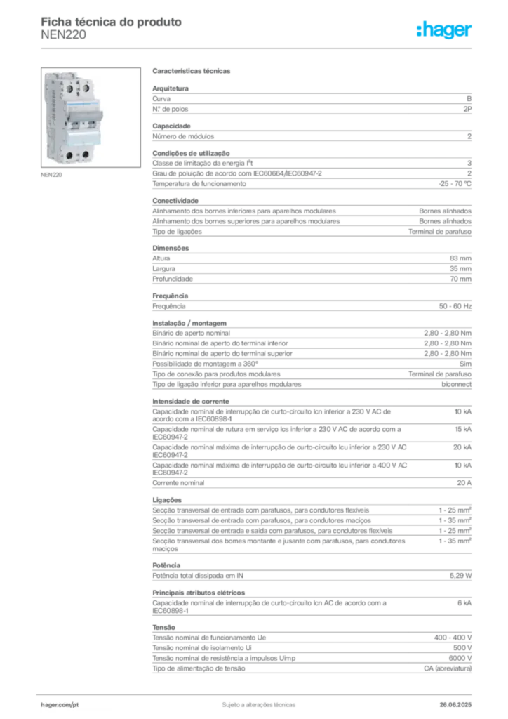 Imagem Hager Ficha técnica do produto NEN220 | Hager Portugal