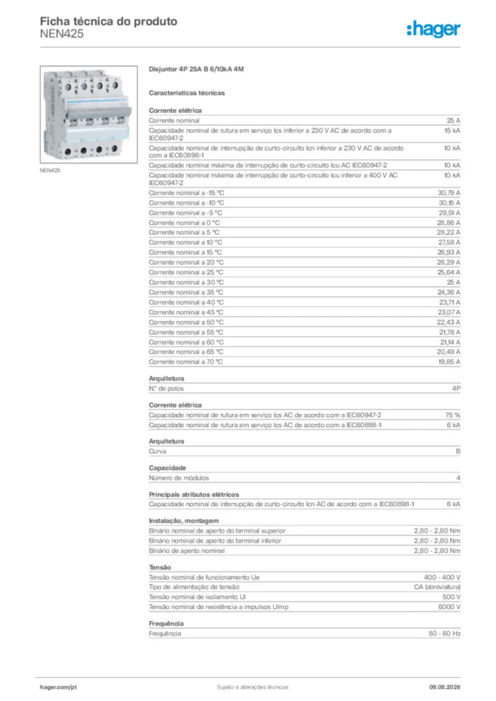 Imagem Hager Ficha técnica do produto NEN425 | Hager Portugal