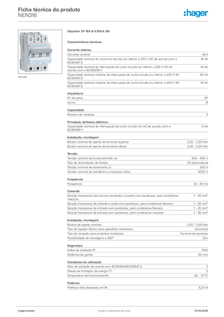 Imagem Hager Ficha técnica do produto NEN316 | Hager Portugal